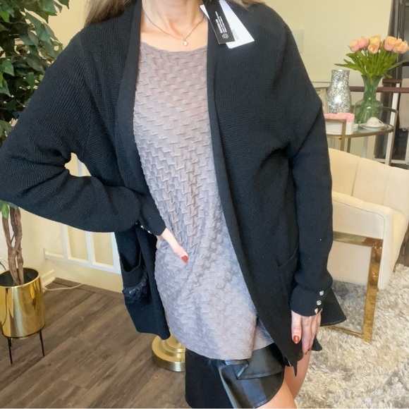 NWT Chloe +Jasmine Long Sleeve V Neck Open Front Pocketed Black Knit Cardigan L - Picture 3 of 13